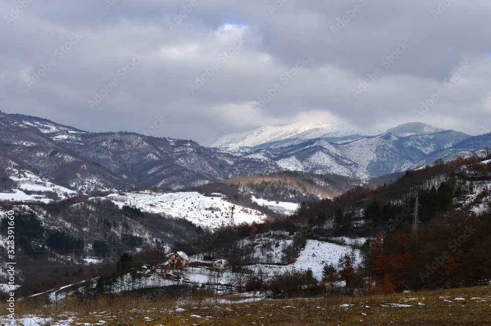 the landscape of the hills, in winter