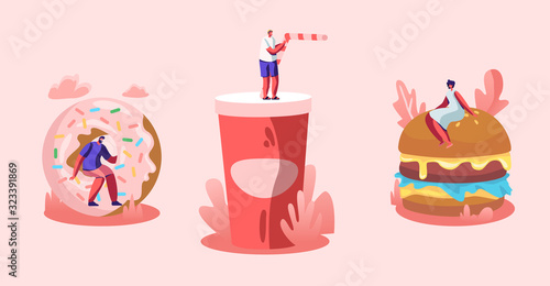 Set of Tiny Male and Female Characters Interacting with Fastfood. Huge Burger with Mustard, Donut and Soda Drink. People Eating Street Fast Food in Cafe, Junk Meal Cartoon Flat Vector Illustration