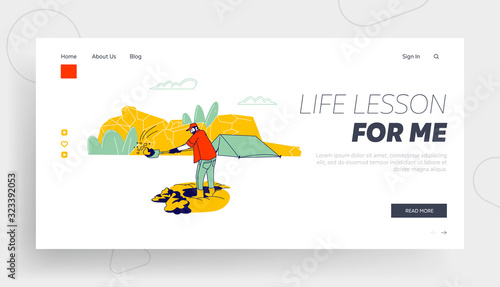 Geologist or Archeologist Scientist Working on Excavations with Professional Equipment Website Landing Page. Man Digging Soil with Shovel Web Page Banner. Cartoon Flat Vector Illustration, Line Art