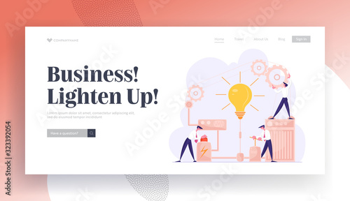 Business Project Startup and Searching Solution Website Landing Page. Businessmen Launch Huge Light Bulb Pushing Lever Arm and Red Button in Mechanism Web Page Banner. Cartoon Flat Vector Illustration