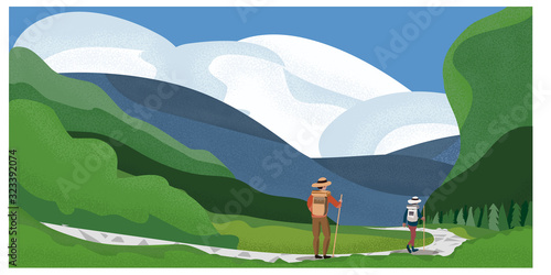 Vector illustration of spring mountain landscape.Young couple at mountain trail or hiking in Spring summer .The adventure or people activities concept.  