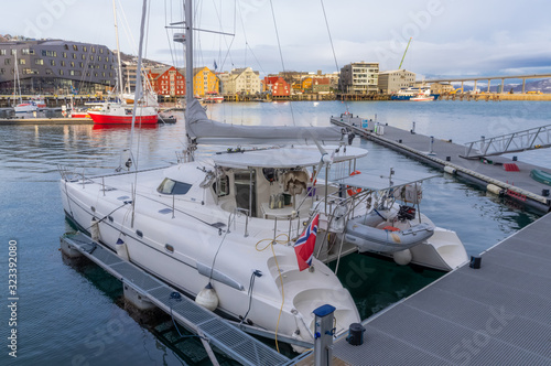 Sailboat in Tromsø harbour. From visit with Hurtigruten.