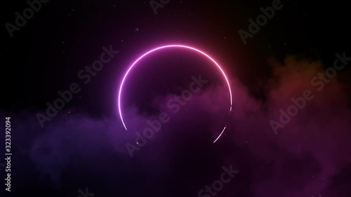 Sci Fi Futuristic Neon Circle Light Cyber Glowing Purple Red Pink On Dark Full Of Clouds Smoke And Fog Room Sky Empty Background Falling Subtle Dust Particles Falling Wind 3D Rendering Animation photo