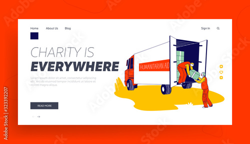 Volunteers Distribute Boxes with Humanitarian Aid Website Landing Page. Distribution of Food and Basic Necessities to Refugees and Poor Web Page Banner. Cartoon Flat Vector Illustration, Line Art