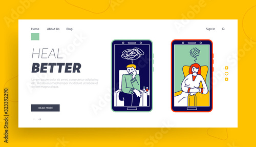 Online Psychological Consulting Website Landing Page. Depressed Man and Woman with Tangled Thoughts Distant Consultation with Psychologist Web Page Banner. Cartoon Flat Vector Illustration, Line Art