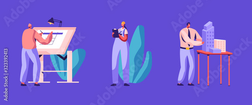 Set of Building and Engineering Construction Works. Architect Engineer Working on Project Painting Plan on Blueprint and Presenting Model of House Mock Up for Customer Cartoon Flat Vector Illustration