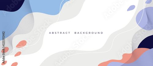 Horizontal banner with geometric shapes, flow liquid elements. Trendy dynamic background with fluid splash and holography for fashionable invitation, poster, flyer. Abstract art vector illustration.