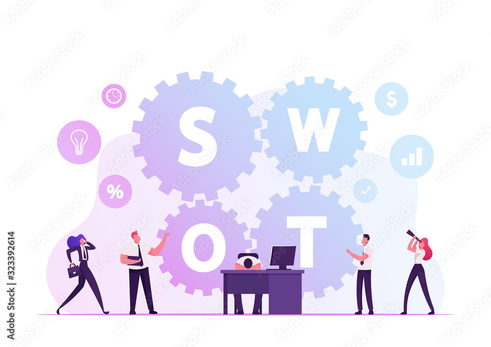 Swot, Analysis, Strengths, Weaknesses, Opportunities, Threats Concept. Businesspeople Working around Huge Cogwheels, Tired Businessman Lying on Desk with Computer Cartoon Flat Vector Illustration
