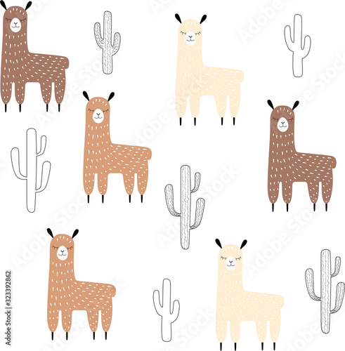 Llamas in shades of beige and brown and outline cacti seamless pattern. Scandinavian style hand-drawn simple succulents and cute alpacas. Stock vector illustration on a transparent background.