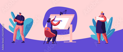 Set of Building and Engineering Profession, Occupation or Job. Architects and Construction Engineers Working on Architecture Project Painting Plan on Blueprint, Cartoon Flat Vector Illustration