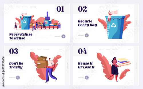People Eco Activists Earth Pollution and Wastepaper Recycling Website Landing Page Set. Volunteers Sorting Paper Waste for Reuse, Ecology Protection Web Page Banner. Cartoon Flat Vector Illustration