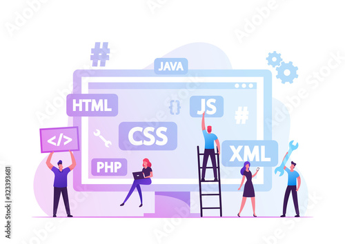 Front End Development Concept. Developers Create Web Interface, Coding and Programming on Computer. Professional Expert Html Data Base Structure, Java Script Code Cartoon Flat Vector Illustration