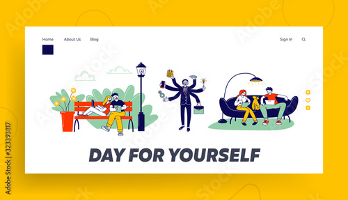 Self-employment and Multitasking Website Landing Page. Relaxed Freelancers Working Distant on Laptop. Busy Businessman with Many Hands Web Page Banner. Cartoon Flat Vector Illustration, Line Art
