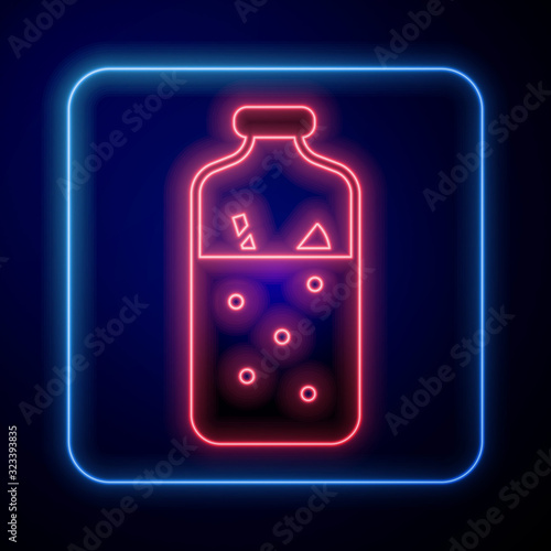 Glowing neon Mulled wine with ingredients icon isolated on blue background. Cinnamon stick, clove, lemon slice. Vector Illustration