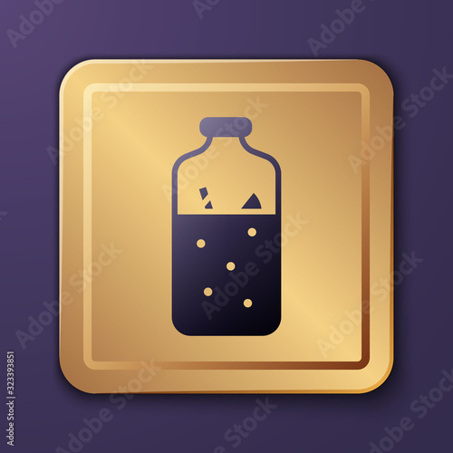Purple Mulled wine with ingredients icon isolated on purple background. Cinnamon stick, clove, lemon slice. Gold square button. Vector Illustration