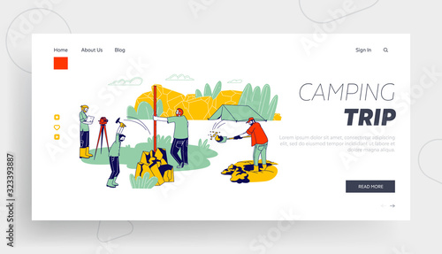 Geology Outdoor Expedition Website Landing Page. Geologists Work and Digging Soil During Examination Procedures with Professional Equipment Web Page Banner. Cartoon Flat Vector Illustration, Line Art