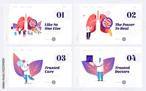 Pulmonology Diseases, Fibrosis Tuberculosis Website Landing Page Set. Doctors with Magnifying Glass Examine Sick Patient Lungs with Pathogen Microbes Web Page Banner. Cartoon Flat Vector Illustration