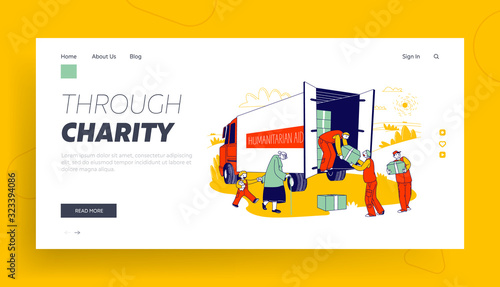 Governmental Help, Humanitarian Aid Website Landing Page. Volunteers Team in Van Giving Help Boxes to Refugees, Senior Woman with Little Boy Web Page Banner. Cartoon Flat Vector Illustration, Line Art