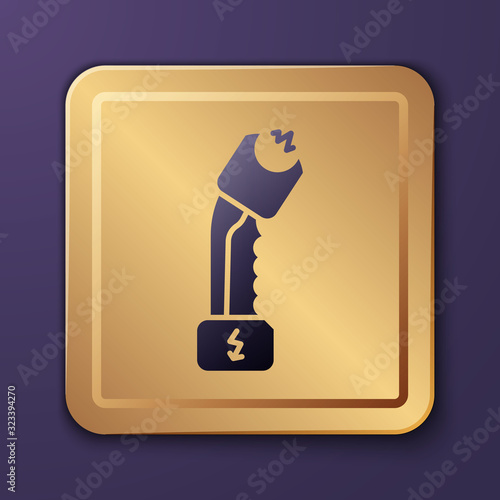 Purple Police electric shocker icon isolated on purple background. Shocker for protection. Taser is an electric weapon. Gold square button. Vector Illustration