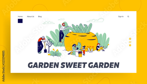 Gardening Hobby Website Landing Page. Farmers or Gardeners Family with Kids Planting and Caring of Trees, Plants, Watering, Care of Flowers Web Page Banner. Cartoon Flat Vector Illustration, Line Art