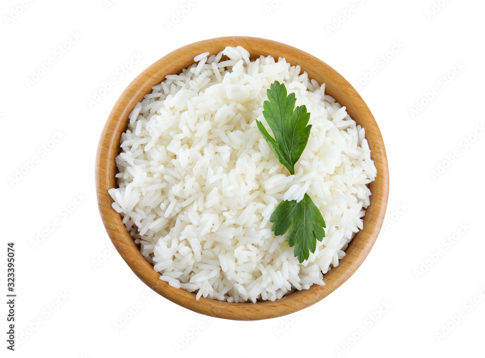 Wooden bowl with cooked rice and parsley isolated on white, top view Wooden bowl with cooked rice and parsley isolated on white, top view