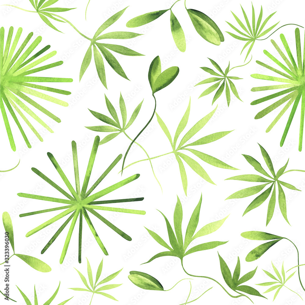 Seamless watercolor pattern of fresh young lupine leaves and sprouts Seamless watercolor pattern of fresh young lupine leaves and sprouts