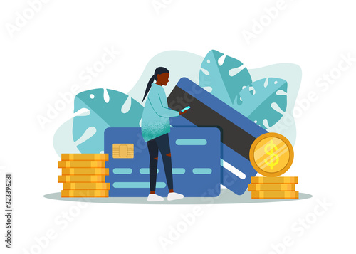 Online mobile payment or money transfer concept. Online shopping e-commerce market. Illustration with tiny people character. African American girl with a mobile phone. 