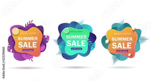 Set summer sale banners. Set bright summer cards with tropical summer leaves, pineapple and slippers. Fun summer quote design summer logo or label. Vector summer illustration