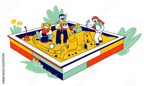 Group of Little Children Playing in Sandbox Building Castle of Sand, Preschoolers Outdoors Activity, Kindergarten Game, Recreation and Amusement in House Yard Cartoon Flat Vector Illustration Line Art