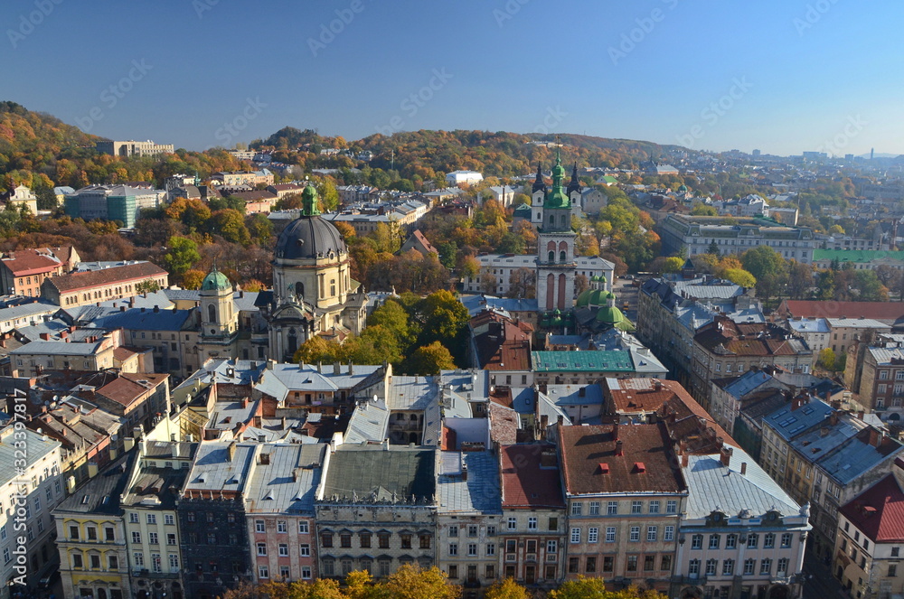 aerial view of old european autumn town