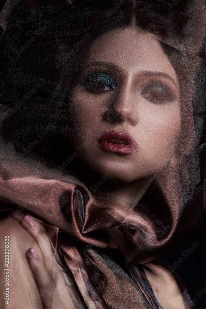 Portrait of a brunette woman through a transparent dark fabric. Beauty and makeup girl. There is no focus Portrait of a brunette woman through a transparent dark fabric. Beauty and makeup girl. There is no focus