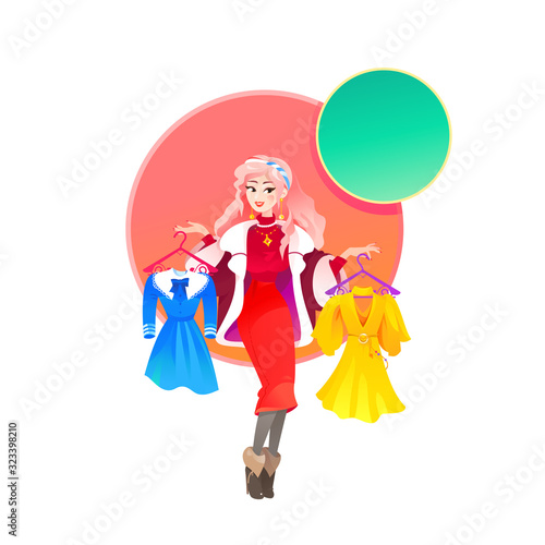 Beautiful Young Women in Clothing Store Holding two Hangers with Dresses and Choosing which Dress to Buy. Girl Trying on Clothes before Buy. Shopping and Shopaholic Vector Illustration Isolated