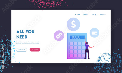 Man Take Money Credit at Micro Finance Organization or Bank Website Landing Page. Character Stand at Huge Calculator Counting Income, Profit or Loan Web Page Banner. Cartoon Flat Vector Illustration