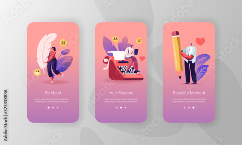 Literature and Writing Hobby Mobile App Page Onboard Screen Set. People with Typewriter, Feather Pen and Pencil Writing Books, Poetry Concept for Website or Web Page, Cartoon Flat Vector Illustration