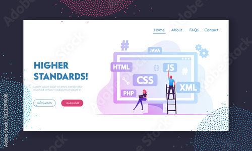 Software Development Website Landing Page. Programmers Make Site, Designer Developer Social Media Wireframe Front End Html Programming, Java Coding Web Page Banner. Cartoon Flat Vector Illustration