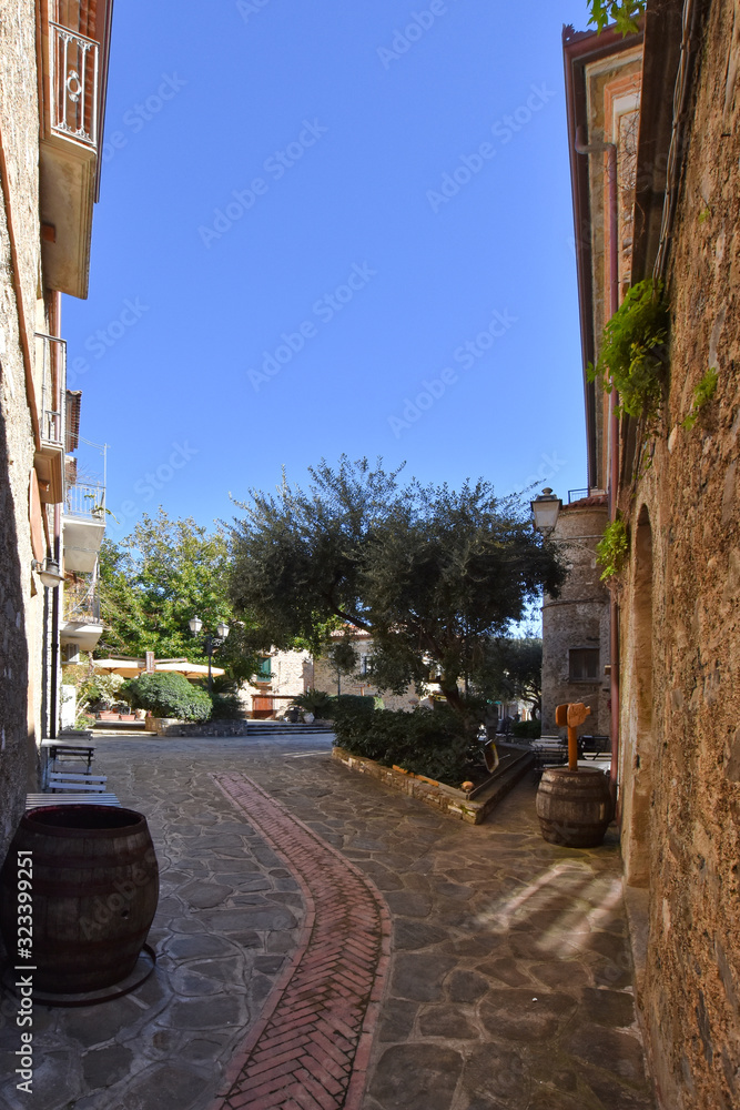 Obraz premium Acciaroli, Italy, 02/15/2020. A narrow street between the old houses of a village in southern Italy