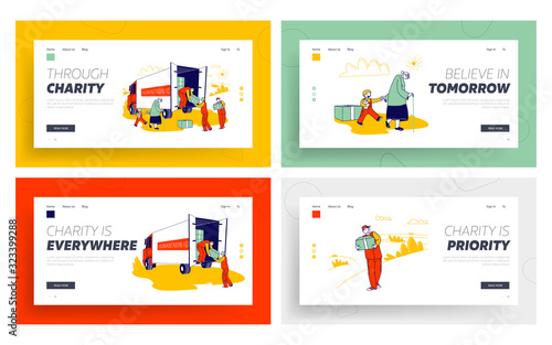 Vulnerable Social Groups Need Material Assistance Website Landing Page Set. Poor People and Families with Finance Problems Humanitarian Aid Web Page Banner. Cartoon Flat Vector Illustration, Line Art