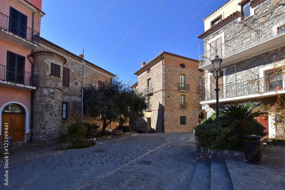 Acciaroli, Italy, 02/15/2020. A small square among the old houses of a village in southern Italy
