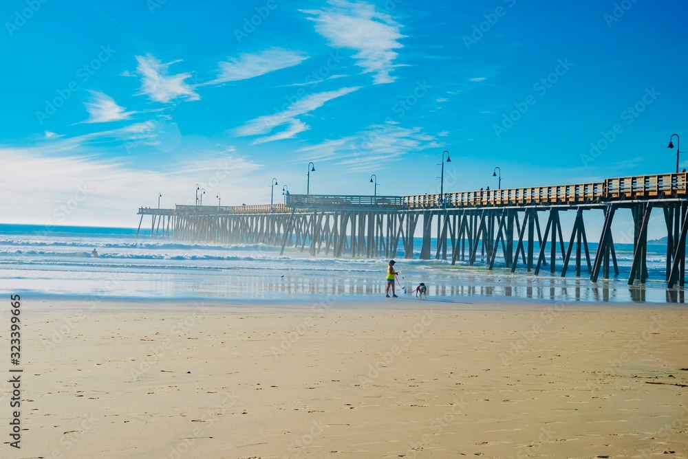 Surfers on the wooden pier of Pismo Beach in California