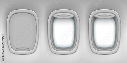 Airplane window potholes with open and closed shutters, vector background. Realistic aircraft interior with transparent portholes, flight journey, aviation and air travel illustration