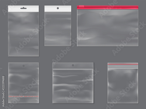 Plastic zipper bag vector realistic mockup isolated set. Transparent plastic bags with zipper, sticky flaps and holes, food and merchandise product package pouches templates