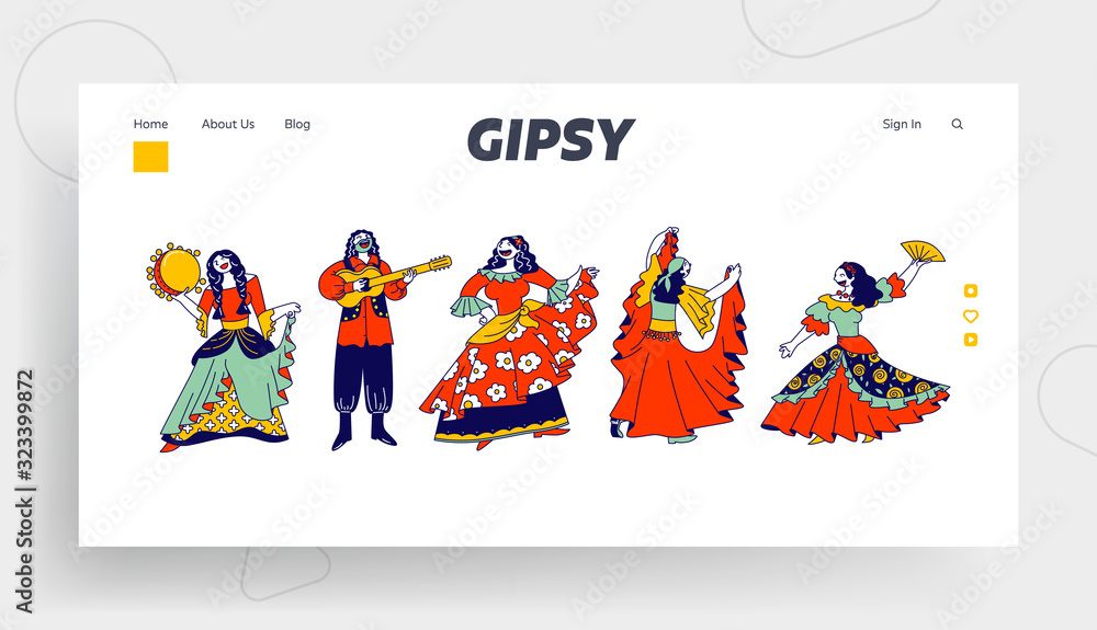 Gypsy Ensemble Dancing and Playing on Musical Instruments Website Landing Page. Romany Man with Guitar and Gipsy Women Dance and Singing Web Page Banner. Cartoon Flat Vector Illustration, Line Art