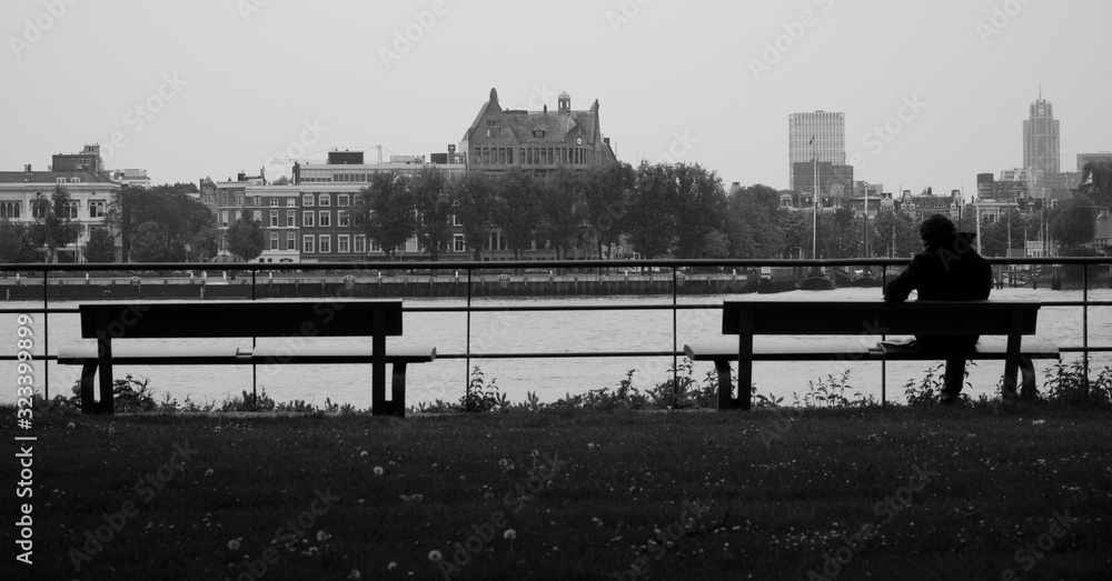 Reading man silhouette on shore of Rotterdam river the Maas