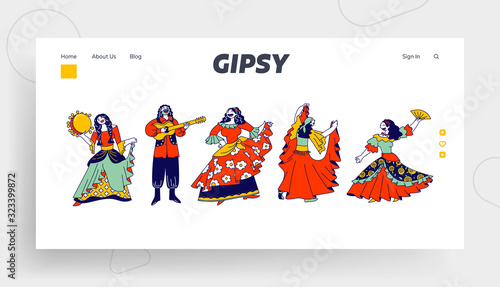 Gypsy Ensemble Dancing and Playing on Musical Instruments Website Landing Page. Romany Man with Guitar and Gipsy Women Dance and Singing Web Page Banner. Cartoon Flat Vector Illustration, Line Art