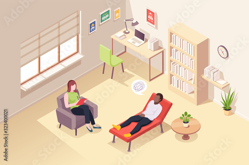 Man at psychologist counseling, vector isometric design, people at woman psychologist counselor couch. Man at psychology therapy session for mental crisis, anger, depression and life problems