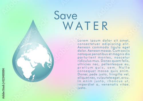Background on ecology and water conservation on the planet with blue three-dimensional model of water drop on planet with gradient and place for text. Vector illustrations