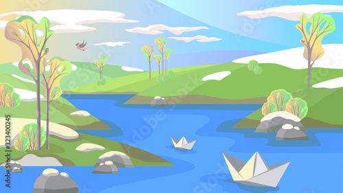 Fototapeta Naklejka Na Ścianę i Meble -  Vector illustration in trendy flat simple style - spring and summer background with trees, meadows, river, paper boats, singing birds, blue sky and clouds, background for banner, card, poster and adve