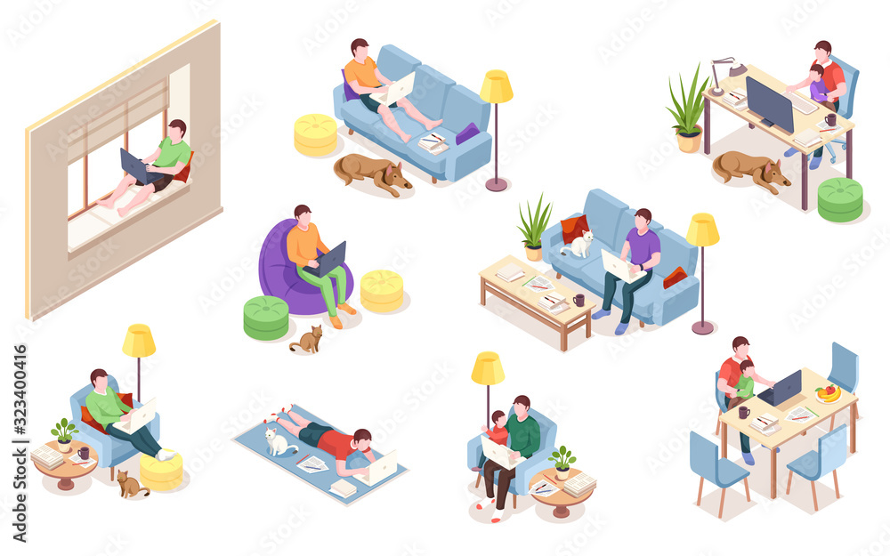 Set of office employee at workplace, man working with notebook and computer. Freelancer doing remote job near cat, dog, pet. Male on windowsill, carpet, sofa. Profession, job, freelance worker