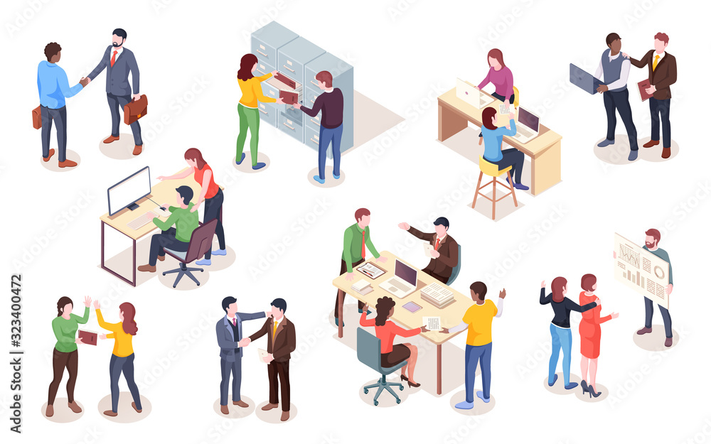 Set of isometric view businessman and businesswoman making deal and presentation. Vector people doing notebook work or computer job, employee at coworking space. Office man and woman