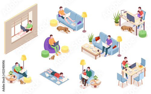 Set of office employee at workplace, man working with notebook and computer. Freelancer doing remote job near cat, dog, pet. Male on windowsill, carpet, sofa. Profession, job, freelance worker